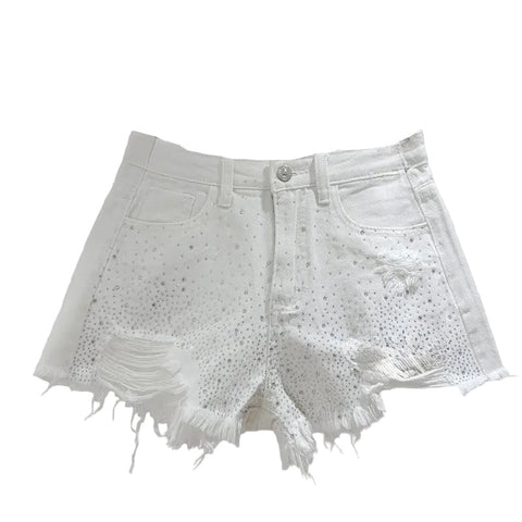 Ripped Crystal Speckled Denim Shorts