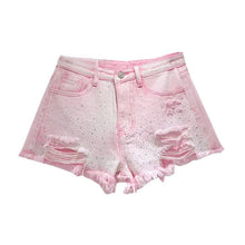 Load image into Gallery viewer, Ripped Crystal Speckled Denim Shorts
