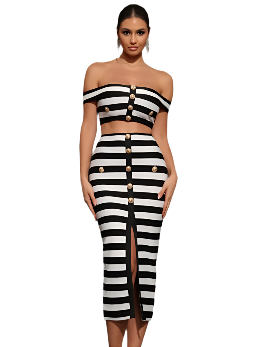 Striped Gold Button Skirt Set