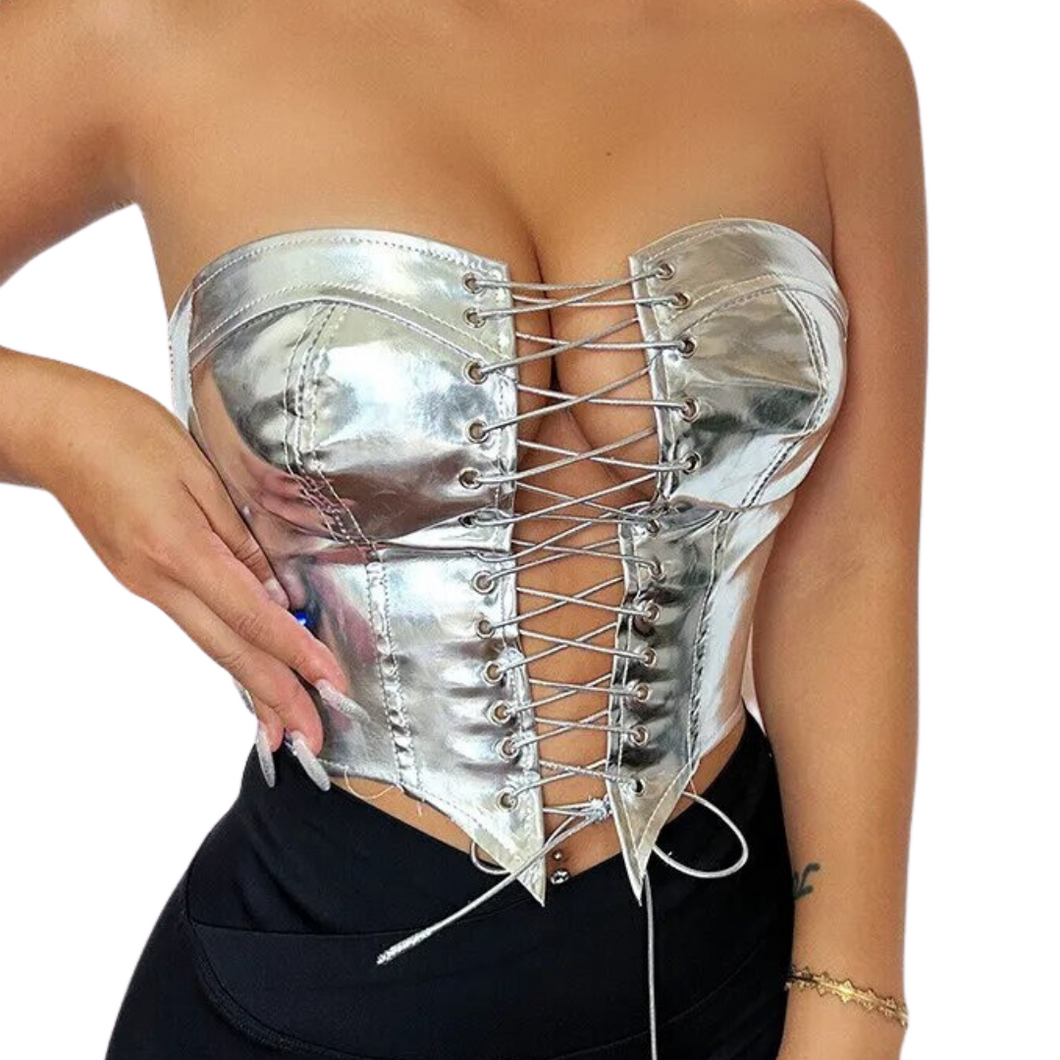 Metallic Lace-Up Crop Top-Modern Baby Las Vegas