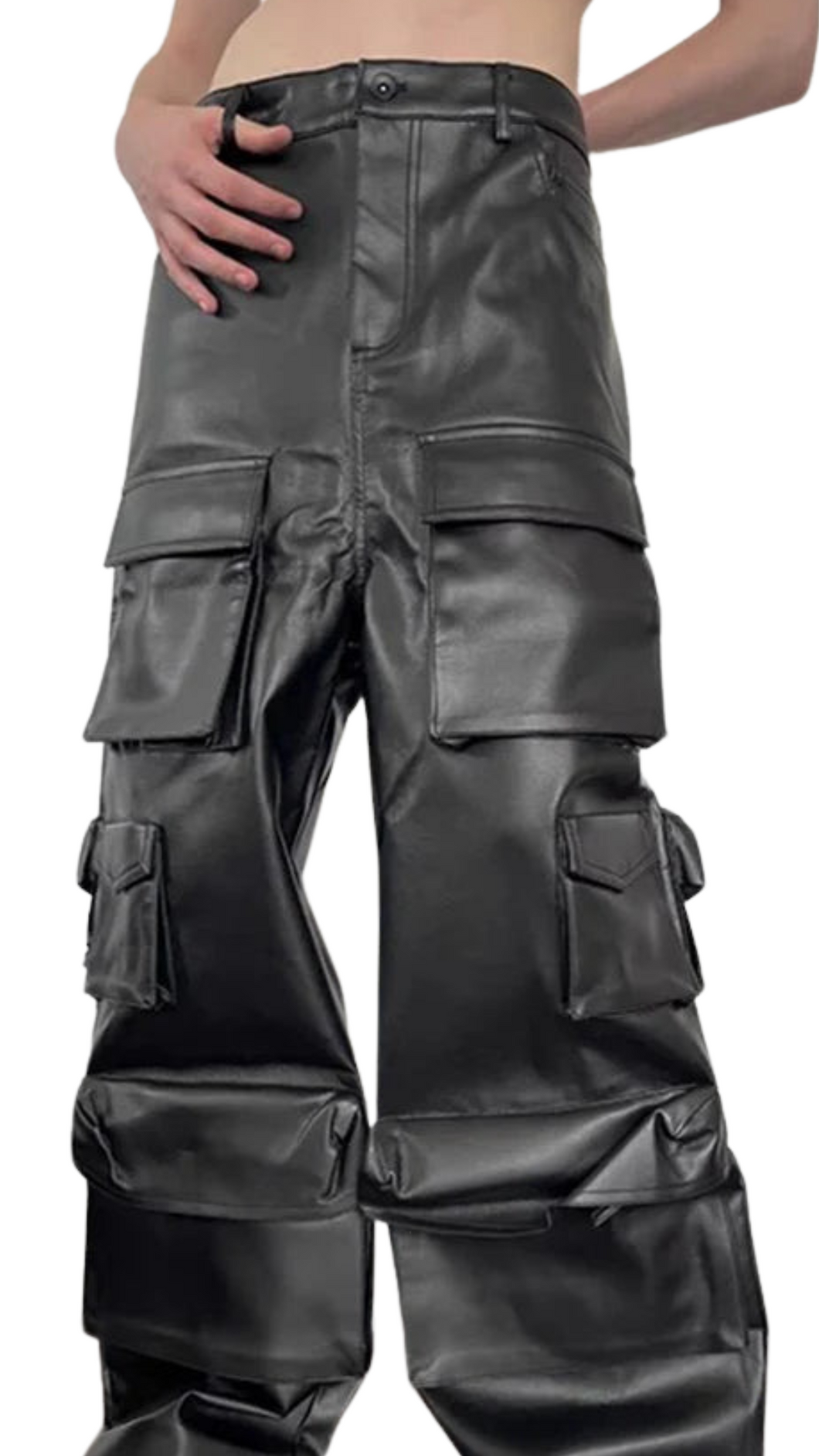 Black Leather Straight Cargo Pants