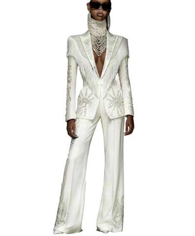 Luxury White Pearl Tassel Crystal Suit