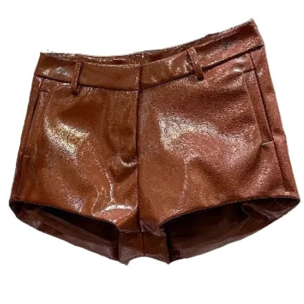 Brown Lace Bodysuit And Leather Shorts Set