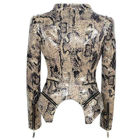 Snake Print Zipper Leather Jacket-Modern Baby Las Vegas