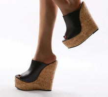 Load image into Gallery viewer, Black Leather Platform Wedge Sandals
