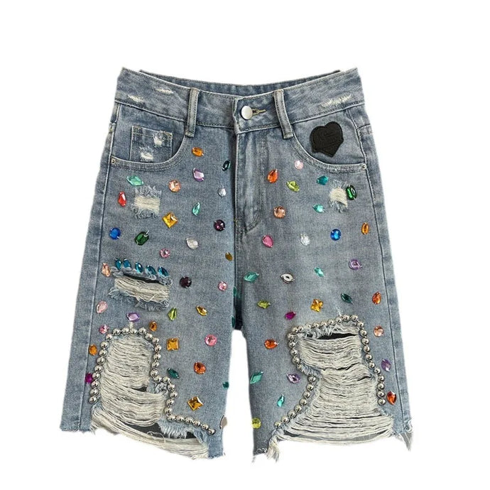 Distressed Colored Crystal Denim Shorts-Modern Baby Las Vegas