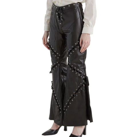 Lace-Up Hollow Out Leather Pants