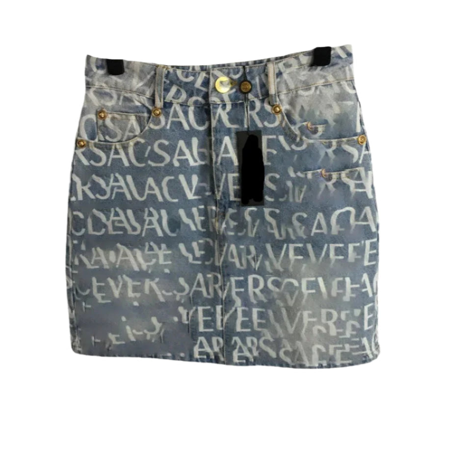 Irregular Letter Printed Denim Skirt