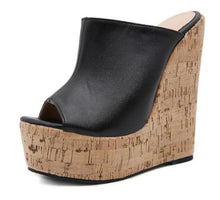 Load image into Gallery viewer, Black Leather Platform Wedge Sandals
