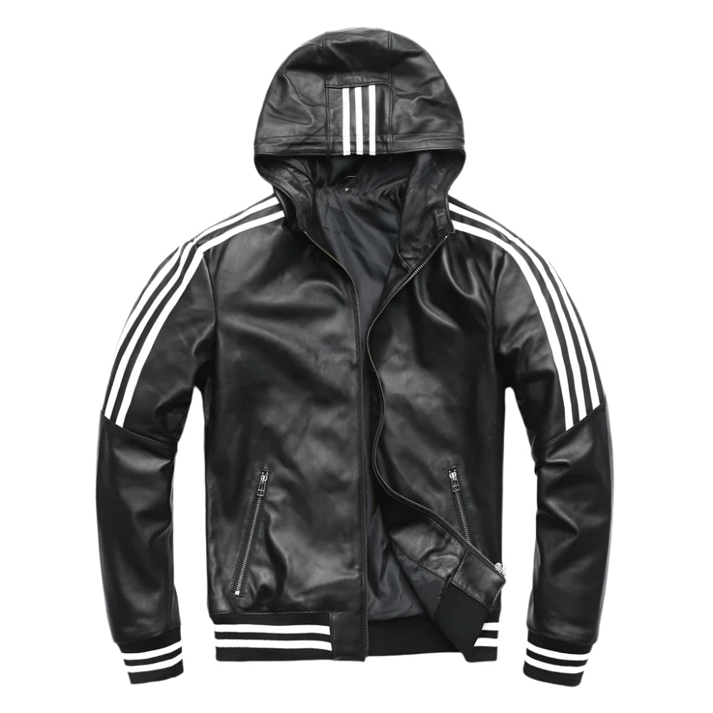 Hooded Striped Leather Jacket