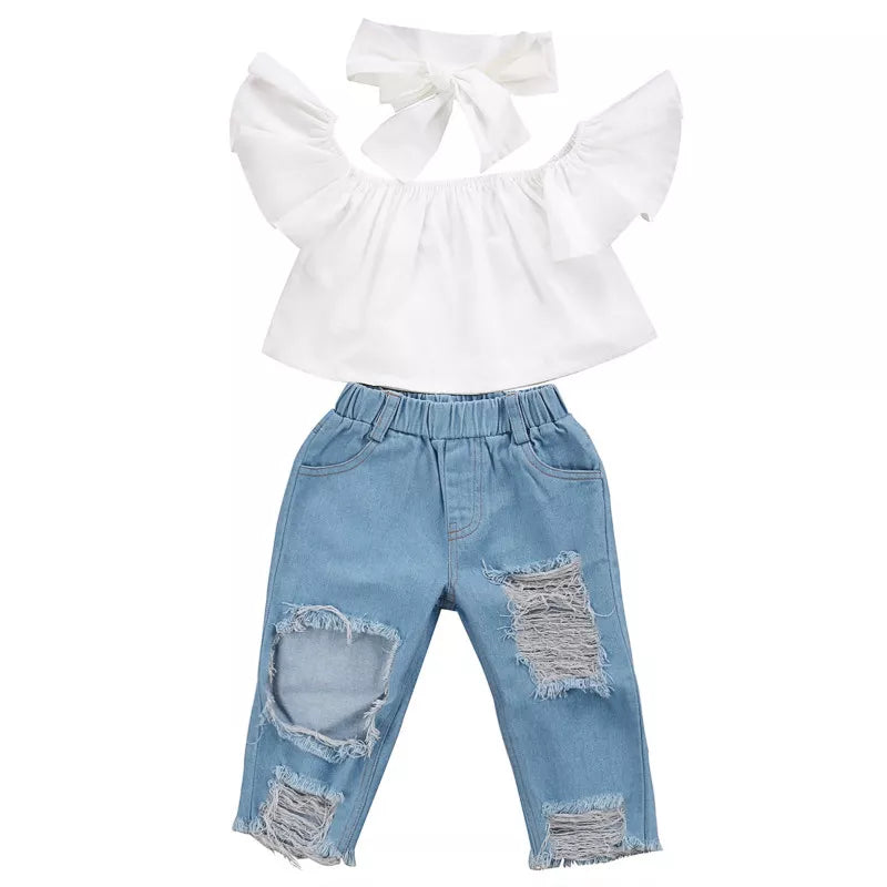 Off The Shoulder Top Ripped Denim Jean Set | Modern Baby Las Vegas