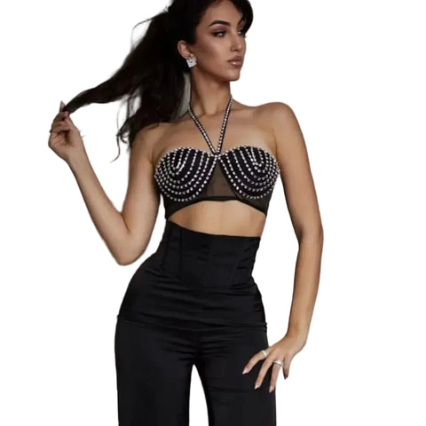 Halter Bralette Crystal Pant Set