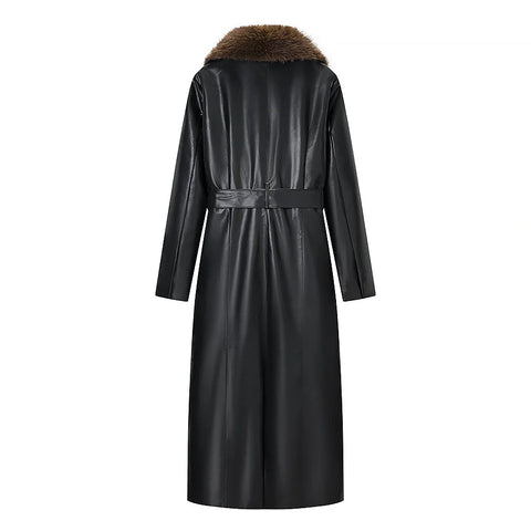 Long Leather Fur Collar Coat