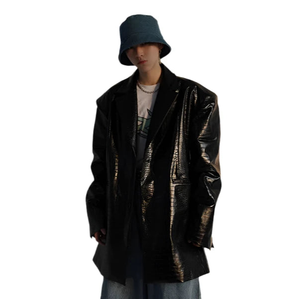 Croc Print Shiny Leather Jacket-Modern Baby Las Vegas