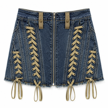 Load image into Gallery viewer, Tan Lace Zipper Denim Skirt
