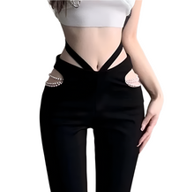 Load image into Gallery viewer, Hollow Out Pearl Bootleg Pants
