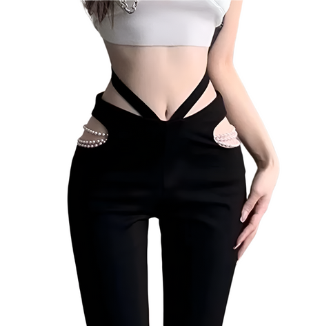Hollow Out Pearl Bootleg Pants-Modern Baby Las Vegas