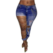 Load image into Gallery viewer, Ripped Metal Chain Denim Jeans
