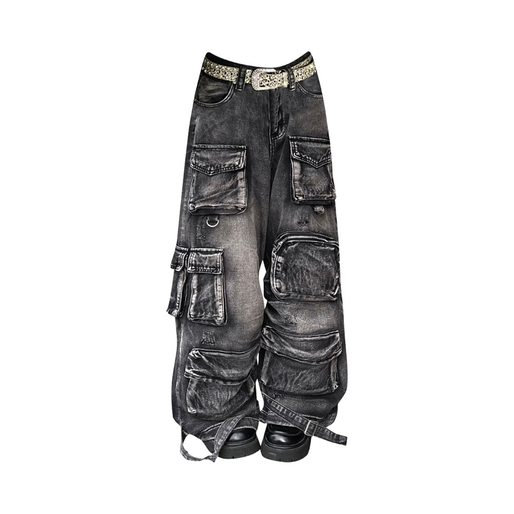 Baggy Multi-Pocket Buckle Denim Jeans