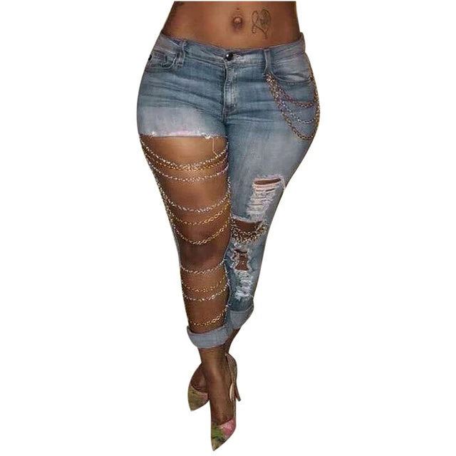 Ripped Metal Chain Denim Jeans-Modern Baby Las Vegas