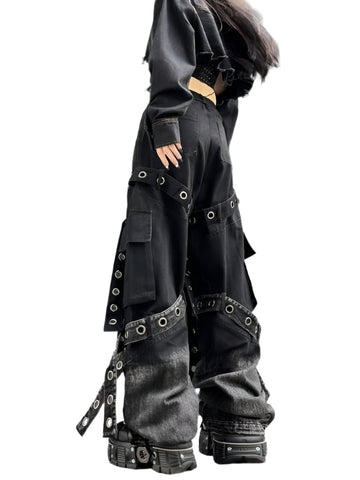 Metal Hole Ribbon Denim Jeans-Modern Baby Las Vegas