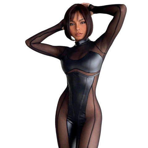 Hollow Out Patch Mesh Jumpsuit-Modern Baby Las Vegas