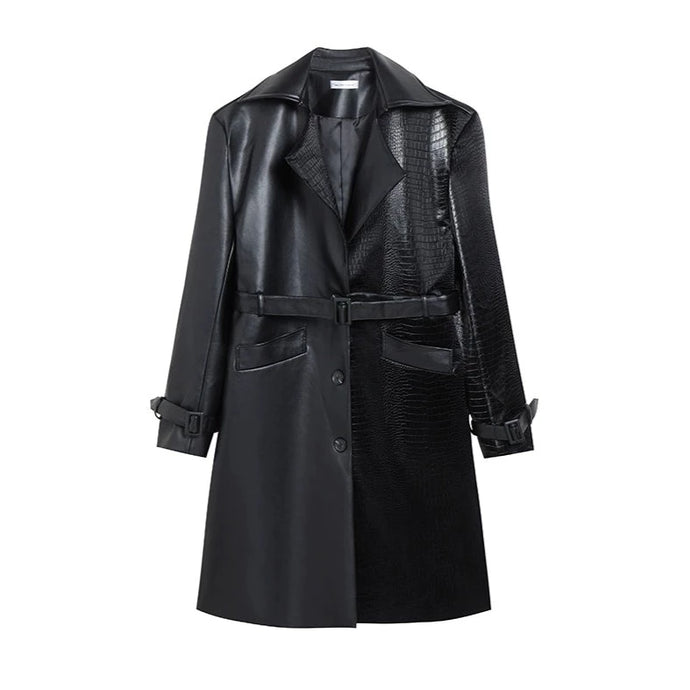 Black Solid Leather Croc Patch Trench Coat | Modern Baby Las Vegas44405918466264|44405918499032