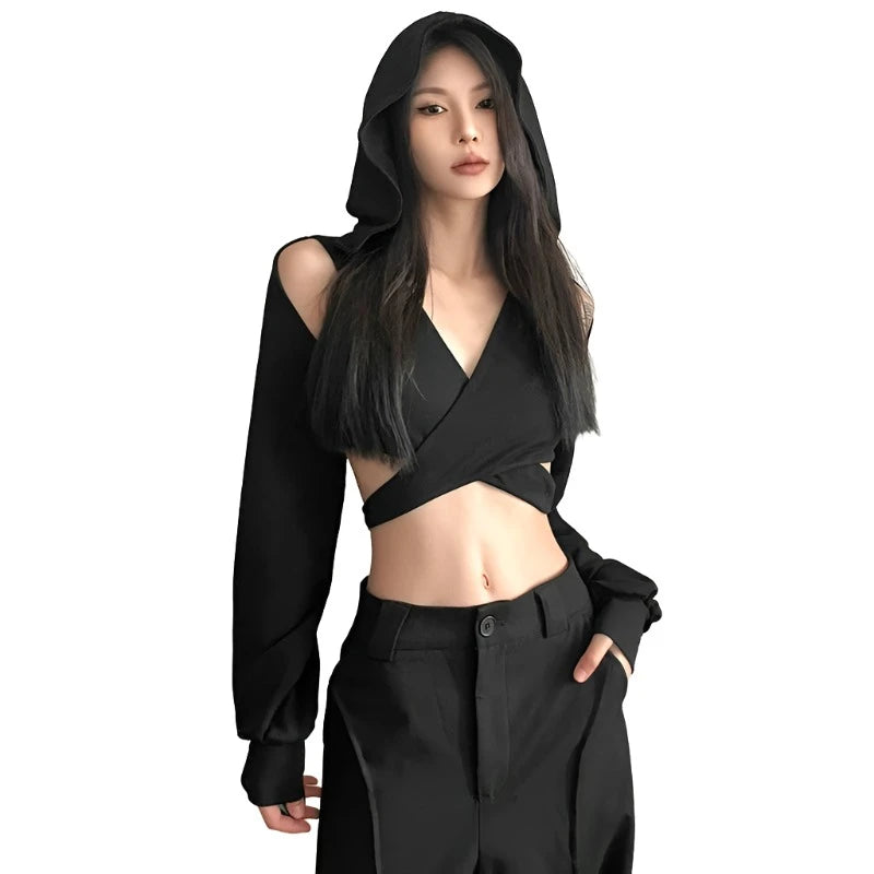 Hollow Out Hooded Wrap Top