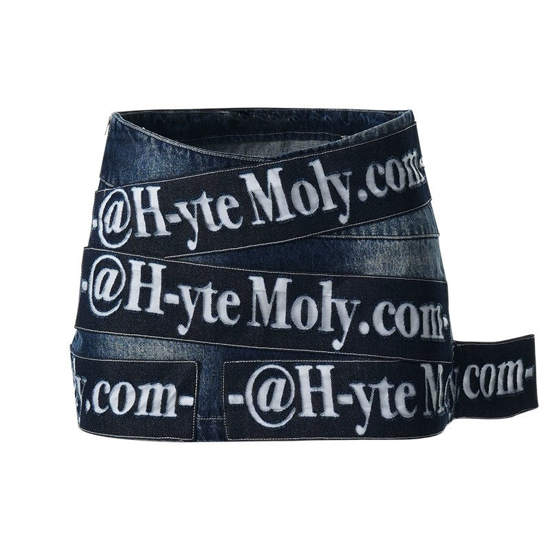 Printed Letter Buckle Multi Buckle Denim SKirt