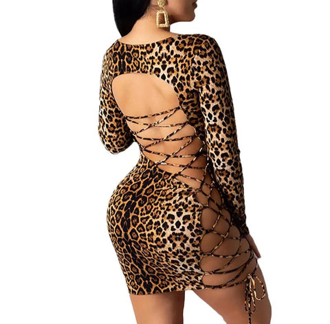 Leopard Hollow Out Lace Mini Dress-Modern Baby Las Vegas