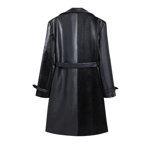 Black Solid Leather Croc Patch Trench Coat-Modern Baby Las Vegas