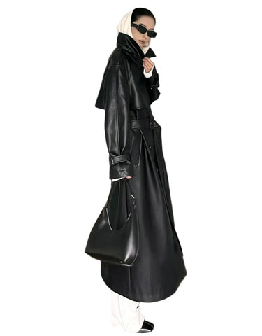 Padded Shoulder Leather Trench Coat-Modern Baby Las Vegas