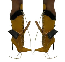 Load image into Gallery viewer, Patch Pointed-Toe Stiletto Lace-Up Boots | Modern Baby Las Vegas
