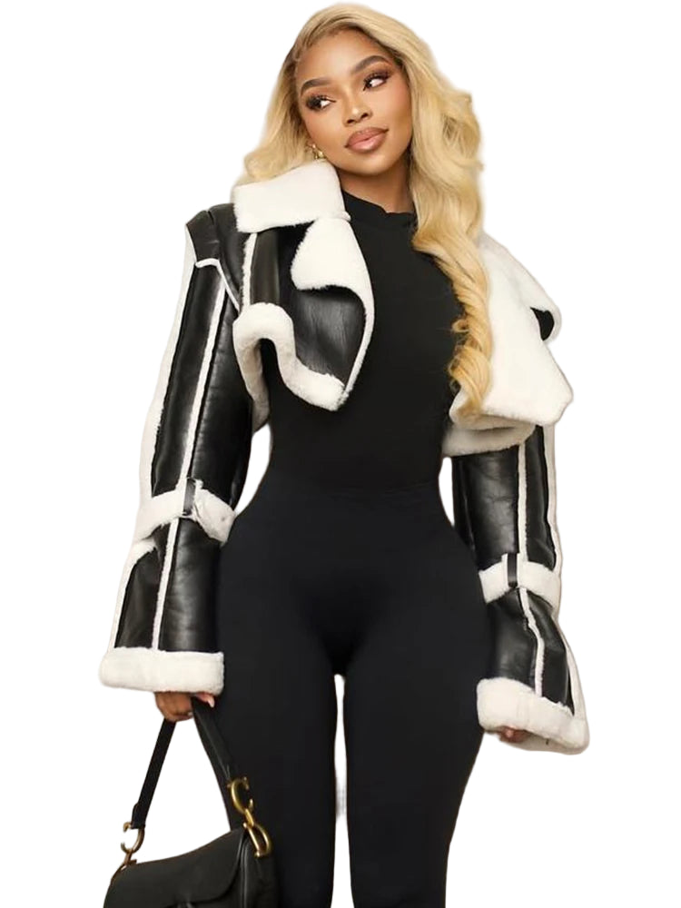 Leather Patch Fur Cropped Jacket