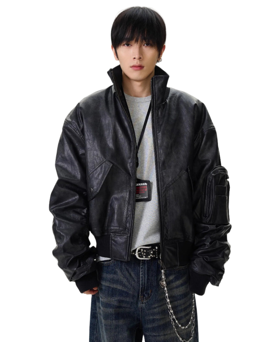 Zipper Pocket Leather Bomber Jacket