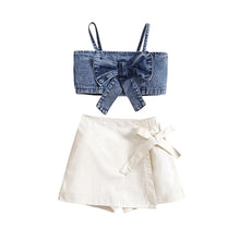 Load image into Gallery viewer, Denim Bownot Tank White Skort Set
