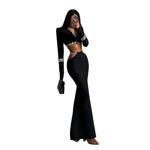 Hollow Out Long Crystal Skirt Set