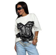 Load image into Gallery viewer, White Lace Corset Patch T-Shirt
