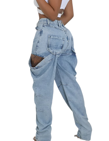 Patch Zipper Irregular Denim Jeans-Modern Baby Las Vegas
