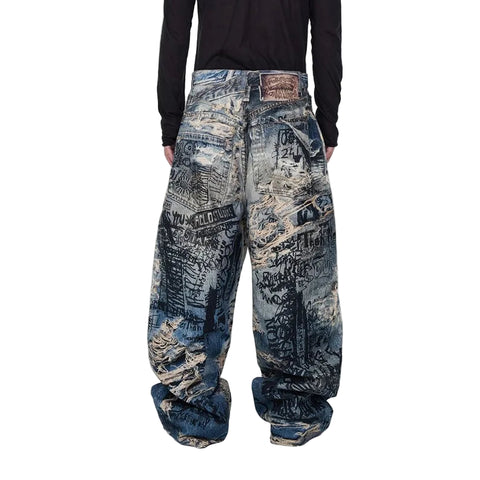 3D Printed Graffiti Ripped Denim Jeans