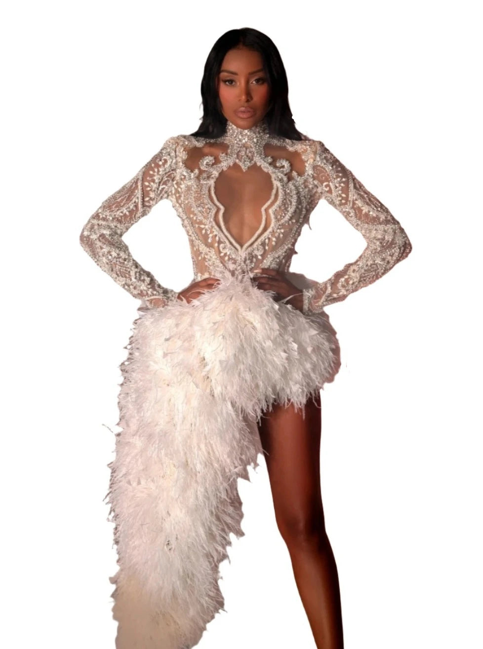 Lace One-Sided Feathered Train Mini Dress