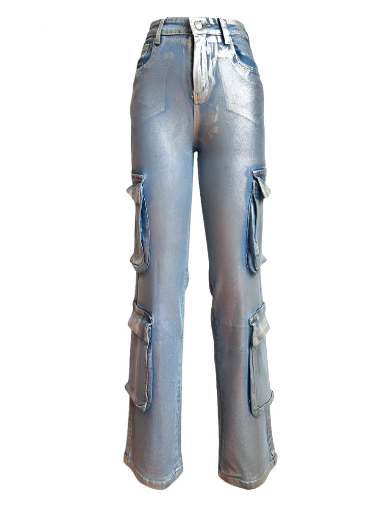 Brushed Metallic Cargo Denim Jeans