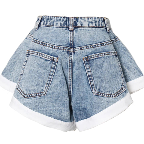 White Trimmed Flutter Denim Shorts