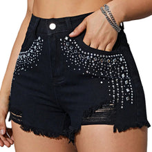 Load image into Gallery viewer, Black Ripped Crystal Denim Shorts
