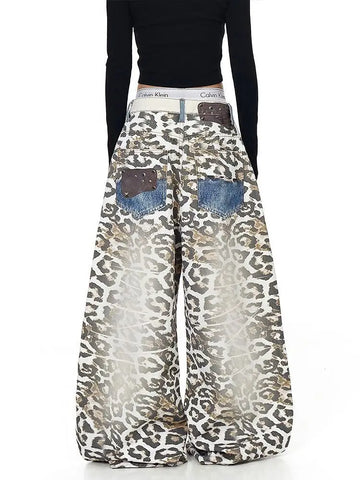 3D Print Patch Faded Leopard Denim Jeans