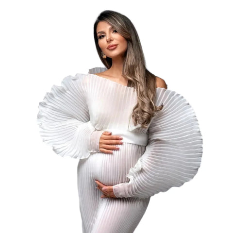 White Puff Sleeve Pleated Maternity Dress-Modern Baby Las Vegas