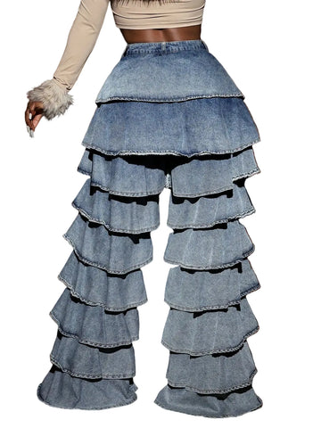 Tiered Ruffled Wide Leg Denim Jeans