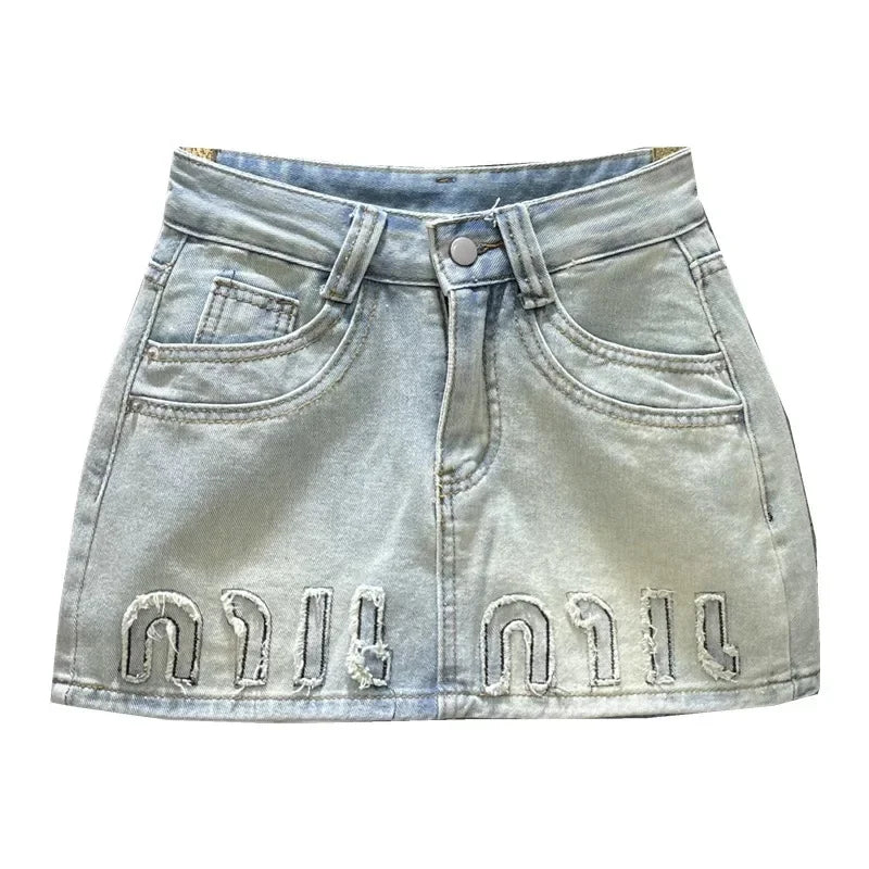 Faded Letter Patch Denim Skirt