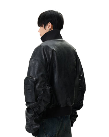 Zipper Pocket Leather Bomber Jacket-Modern Baby Las Vegas