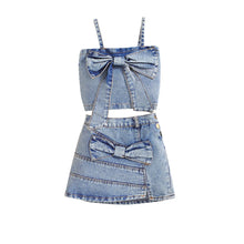 Load image into Gallery viewer, Bow Pcth Denim Skirt Set
